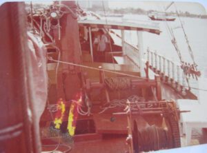 Historic image of the deck and winches on the Pla Luang junk boat