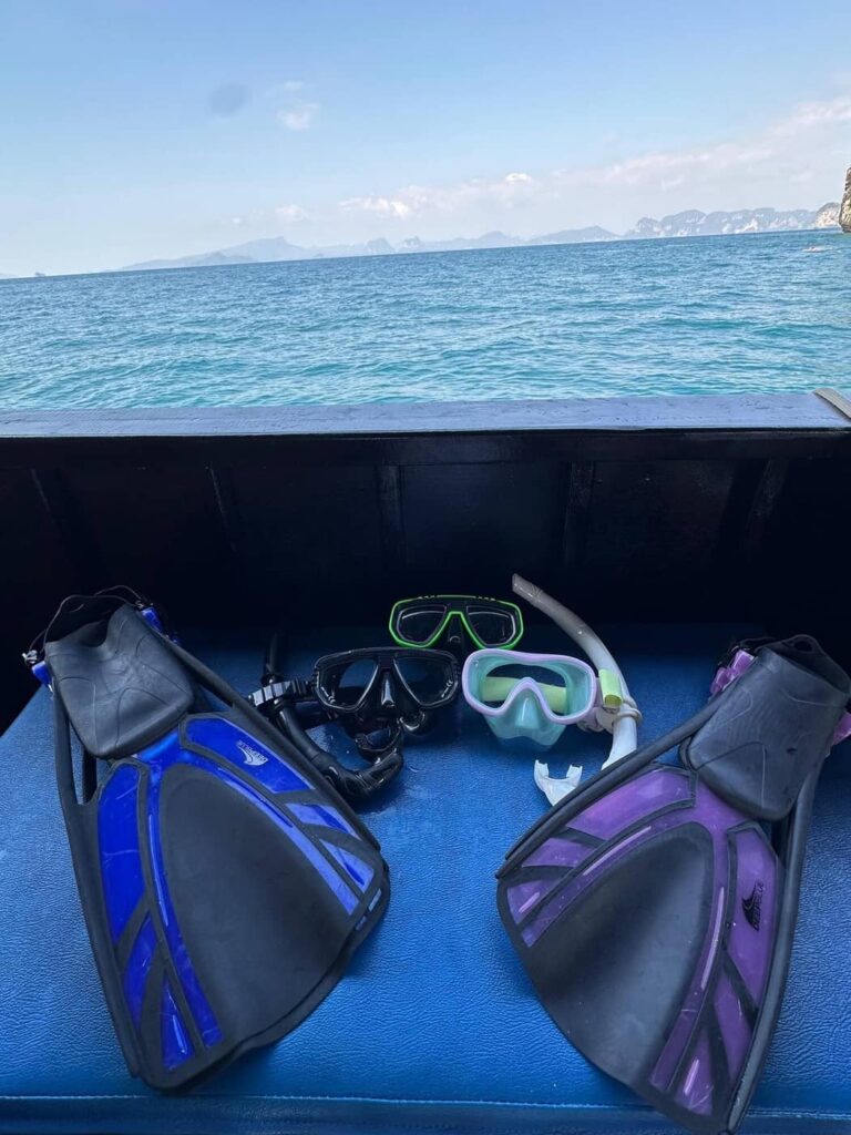 Snorkeling masks, snorkels and fins provided for guests aboard Krabi Sunset Cruises junk boat in Krabi